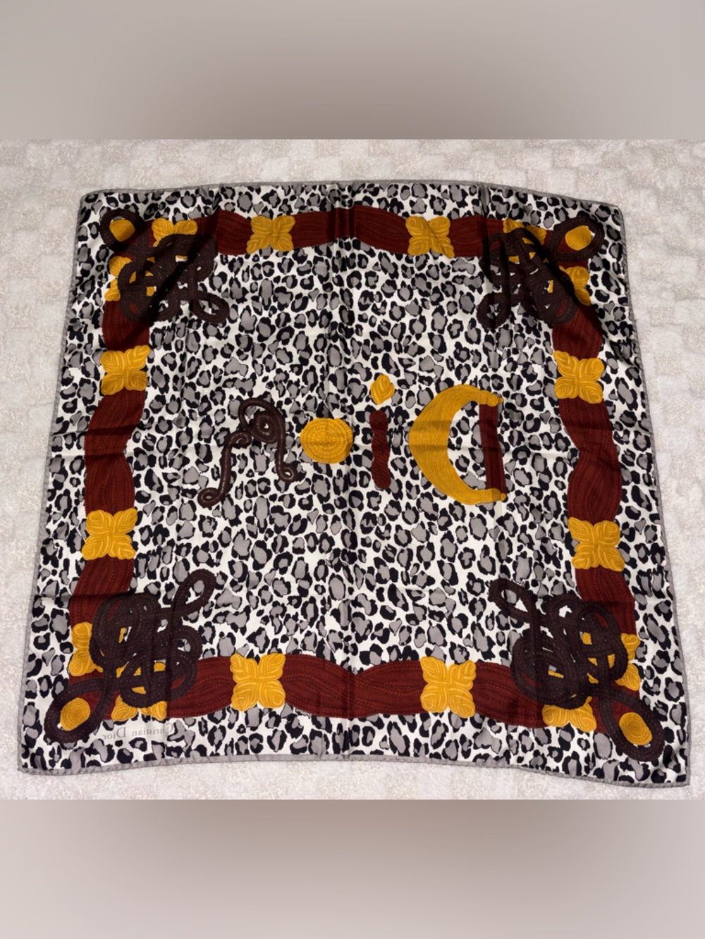 Vintage Christian Dior Leopard Print Silk Scarf Golden Dark Red & Brown Accents - Picture 5 of 10